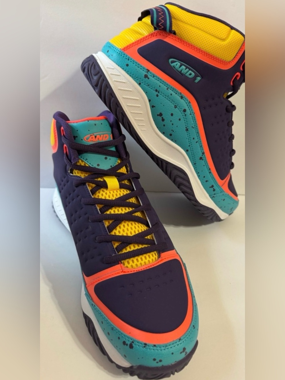 And1 Men's Athletic High-Top Shoes in Purple, Teal and Yellow - Picture 2 of 5